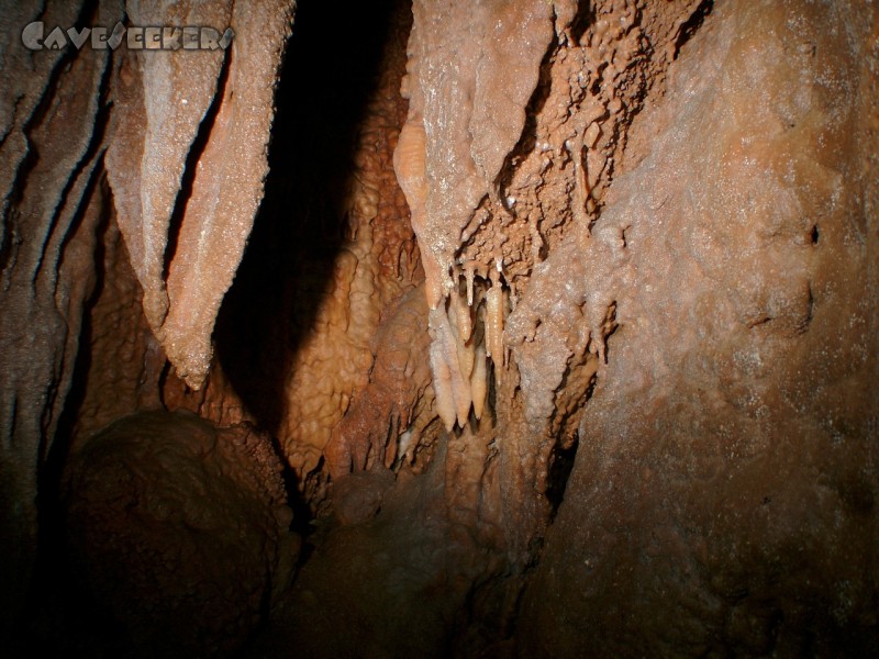 Ozka Jama: Mit starken Durchblutungsstörungen im Schrittbereich kann freischwebend im Schacht auch mal Altsinter fotografiert werden.